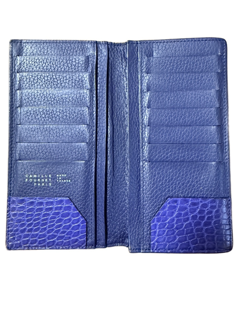 Camille Fournet Paris Blue Leather Long Card Holder Wallet Alligator Trim